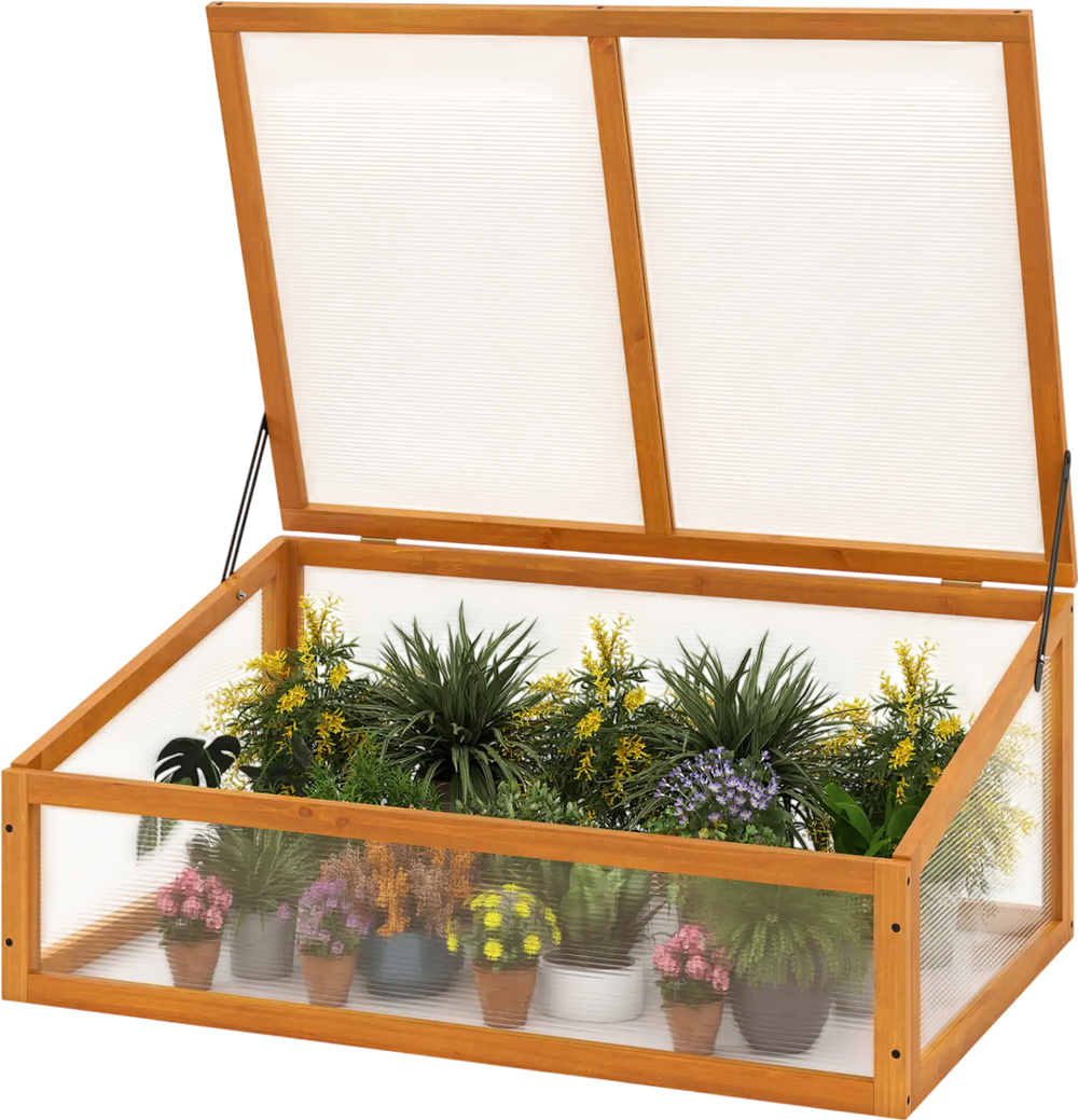 Wood cold frame greenhouse with transparent flip-top roof, featuring fir wood construction for plant protection and air.