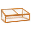 Wood cold frame greenhouse raised planter bed with transparent flip-top roof for plant protection and air circulation.