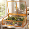 Wood cold frame greenhouse with transparent flip-top roof, featuring sturdy fir wood and vibrant plants for indoor.