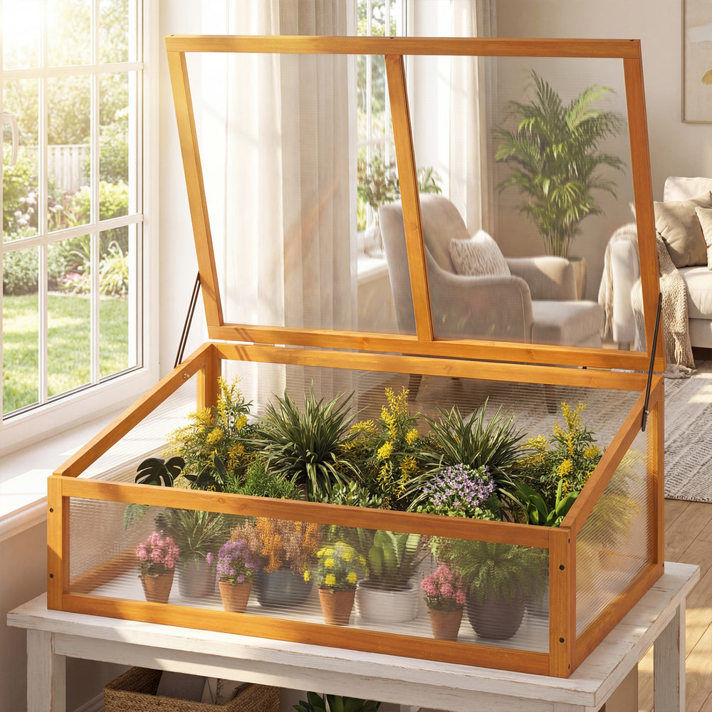 Wood cold frame greenhouse with transparent flip-top roof, featuring sturdy fir wood and vibrant plants for indoor.
