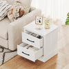 White wood compact nightstand with two pull-out drawers, perfect for bedroom or living room storage.