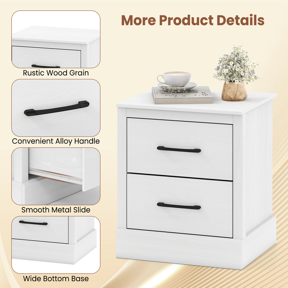 Wood compact floor nightstand in white with two storage drawers, smooth metal slides, and rustic farmhouse style.