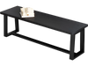 Black wood dining bench with metal frame, featuring adjustable footpads, perfect for versatile seating and storage.