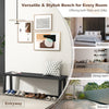 Wood dining bench with metal frame, black finish, adjustable footpads, perfect for versatile seating in any room.
