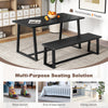 Black wood dining bench with metal frame, adjustable footpads, accommodates 3 people, ideal for versatile seating.