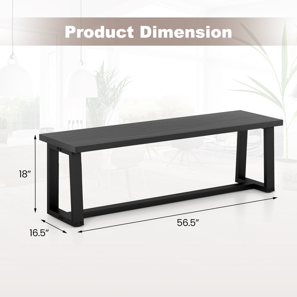 Wood dining bench with metal frame, dimensions 56.5" x 16.5" x 18", featuring adjustable footpads for stability.