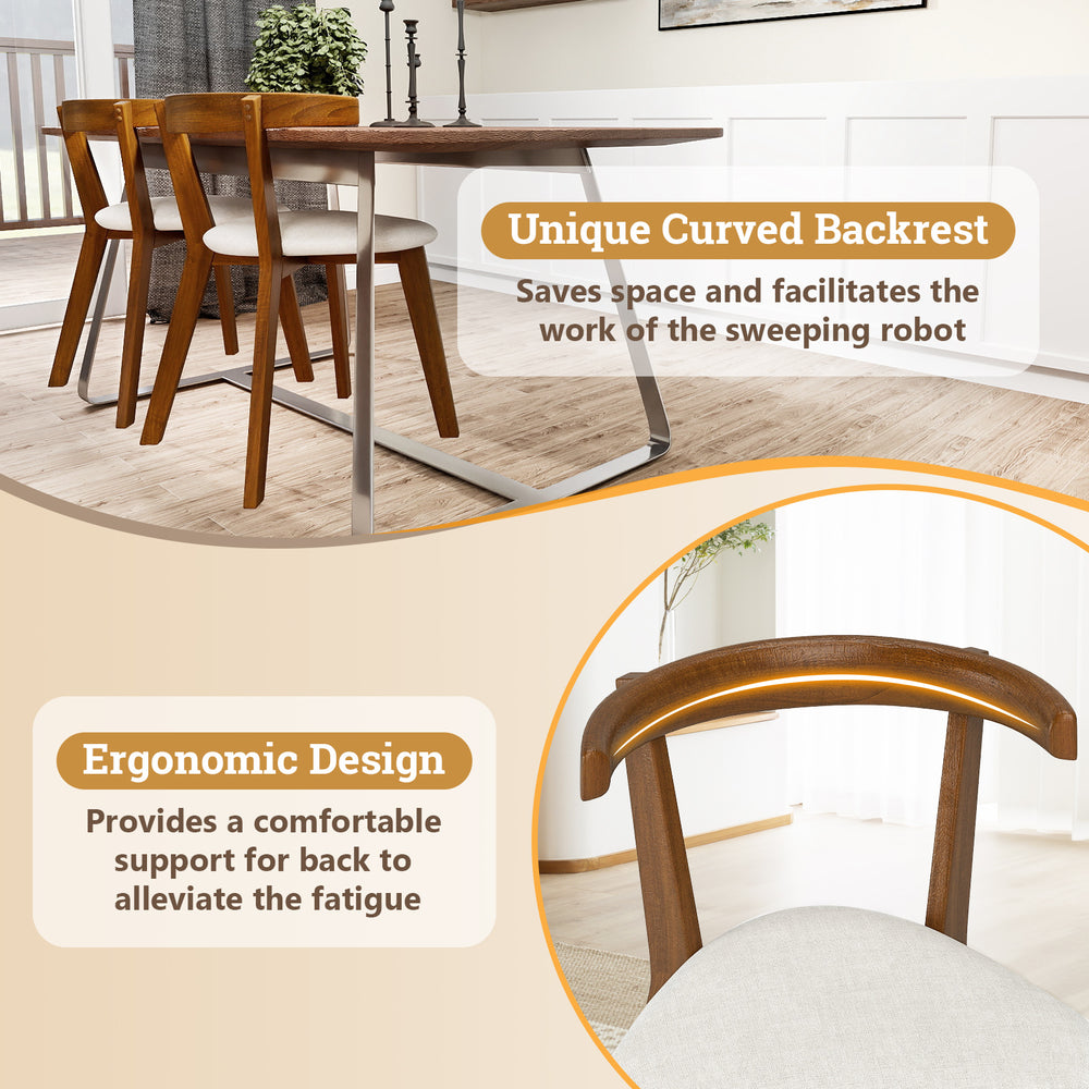 Wood dining chair set of 2 with padded seat and unique curved backrest for ergonomic support and versatile placement.