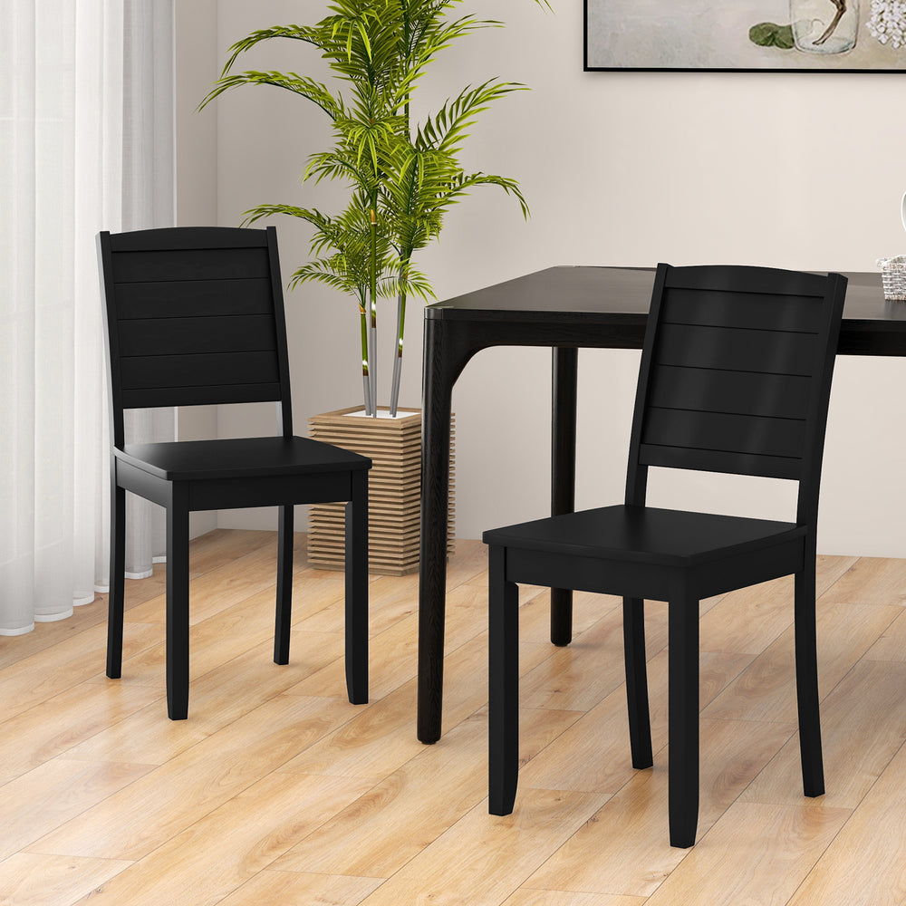 Black wood dining chair set of 2 with rubber wood legs, featuring a curved backrest for comfort and rustic charm.