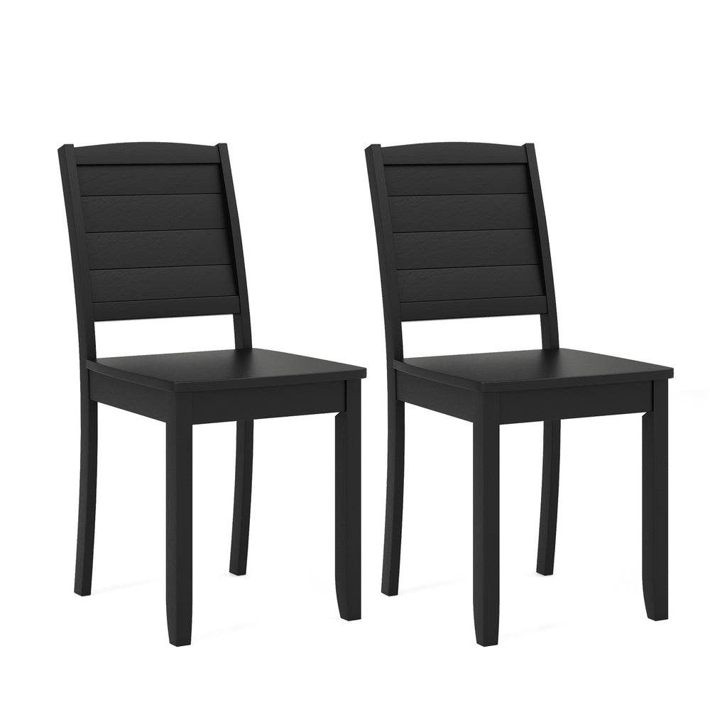 Black wood dining chair set of 2 with rubber wood legs, featuring a curved backrest and farmhouse style for kitchen use.