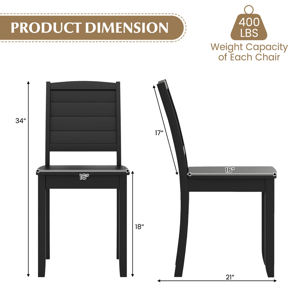 Dimensions of the black wood dining chair with rubber wood legs, featuring a curved backrest and sturdy design.