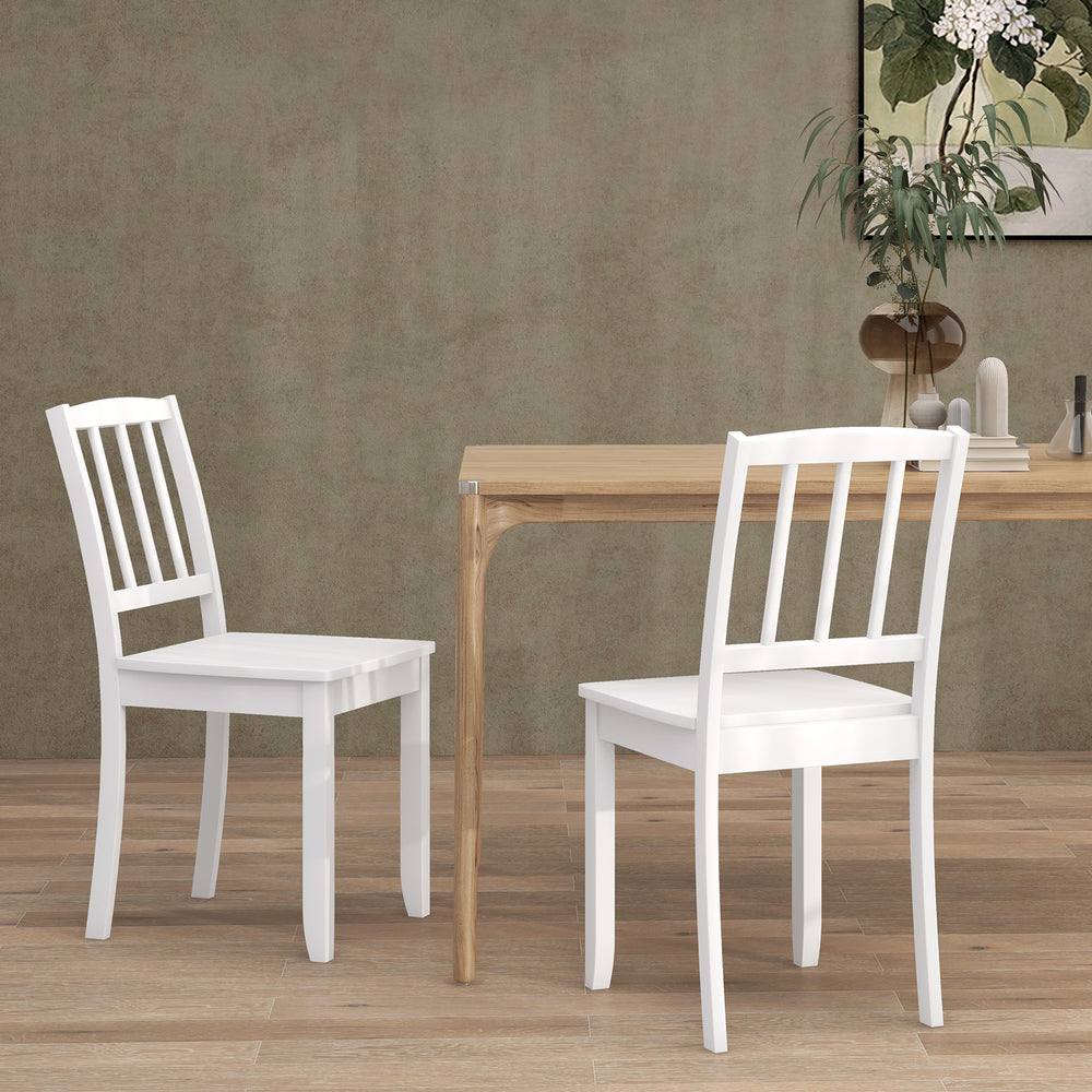 White wood dining chair set of 2 with rubber wood legs, featuring a curved backrest and elegant laddered design.