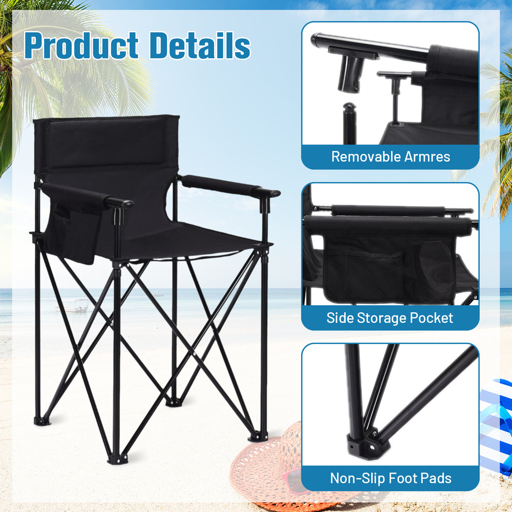 Portable oversized camping chair with removable armrests, side pocket, and non-slip foot pads for outdoor comfort.