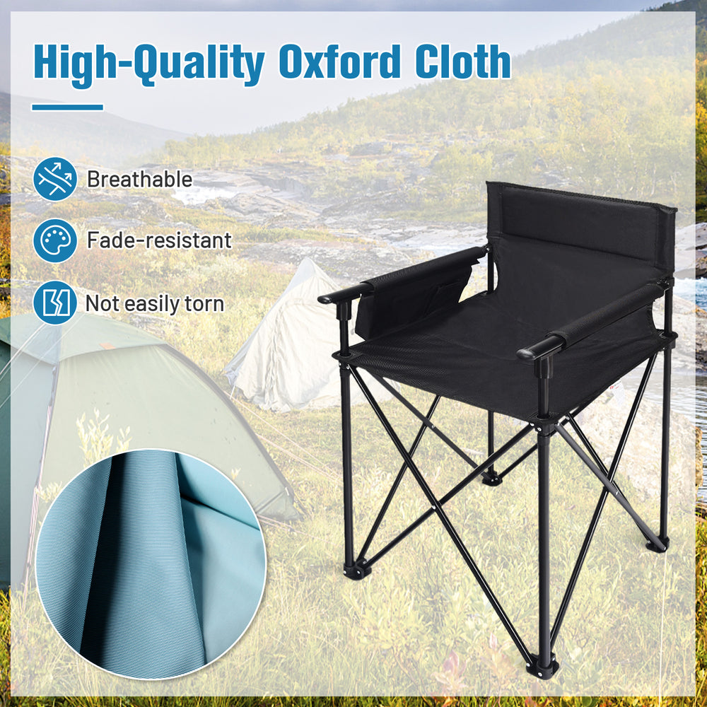 Portable oversized camping chair in black, made of durable oxford cloth, featuring detachable armrests and cup holder.