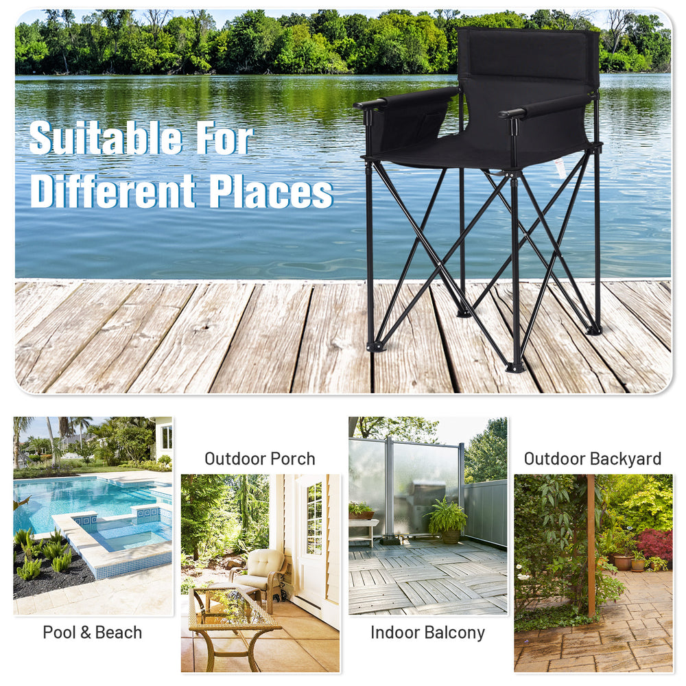 Portable 38-inch oversized folding chair with detachable armrests, ideal for camping, fishing, and outdoor use.