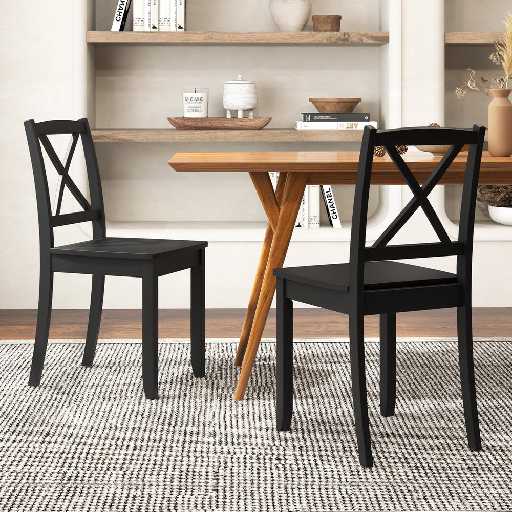 Wood Dining Chair Set of 2 with Rubber Wood Legs and Curved Backrest-Black - Gallery View 1 of 8