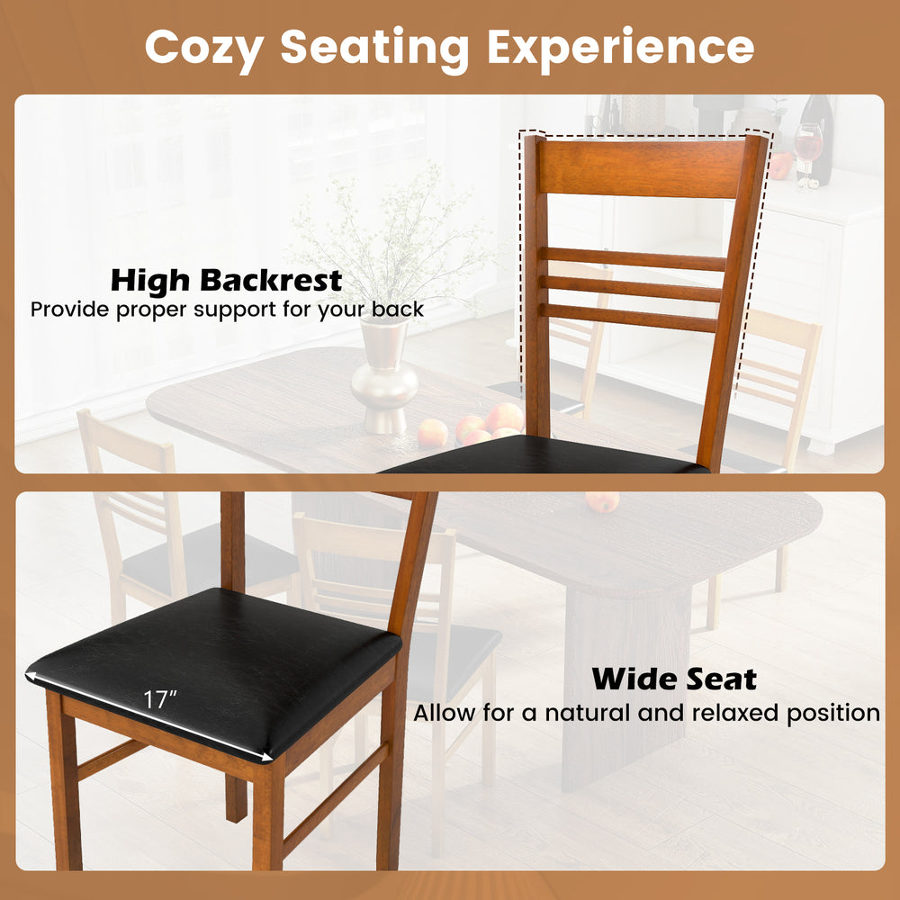 High backrest and wide seat of walnut wood dining chair set, designed for comfort and stability in dining spaces.