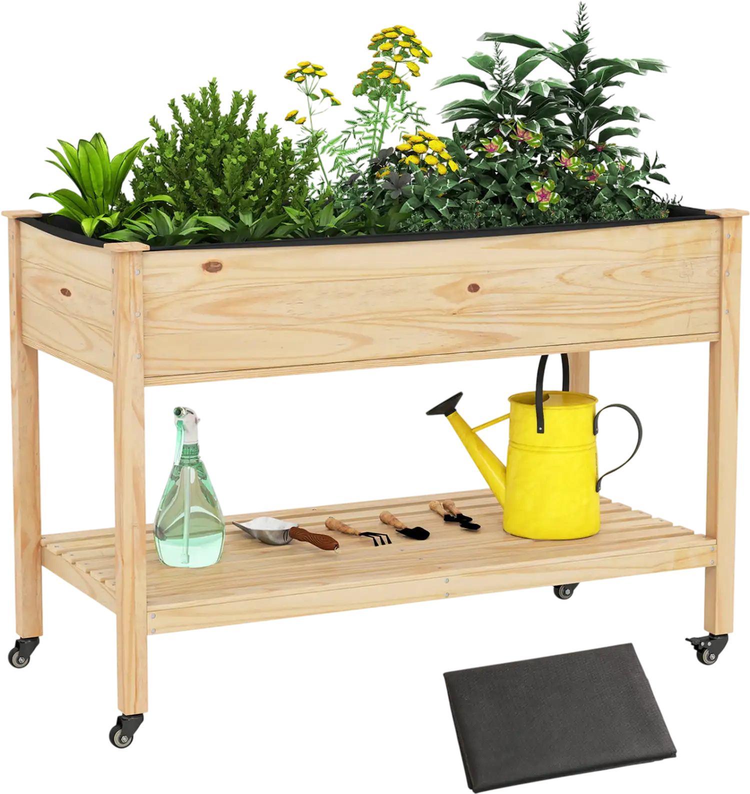 Costway Wood Elevated Planter Bed w/ Lockable Wheels Shelf Liner 83249167 New
