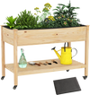 Wood Elevated Planter Bed with Lockable Wheels Shelf and Liner