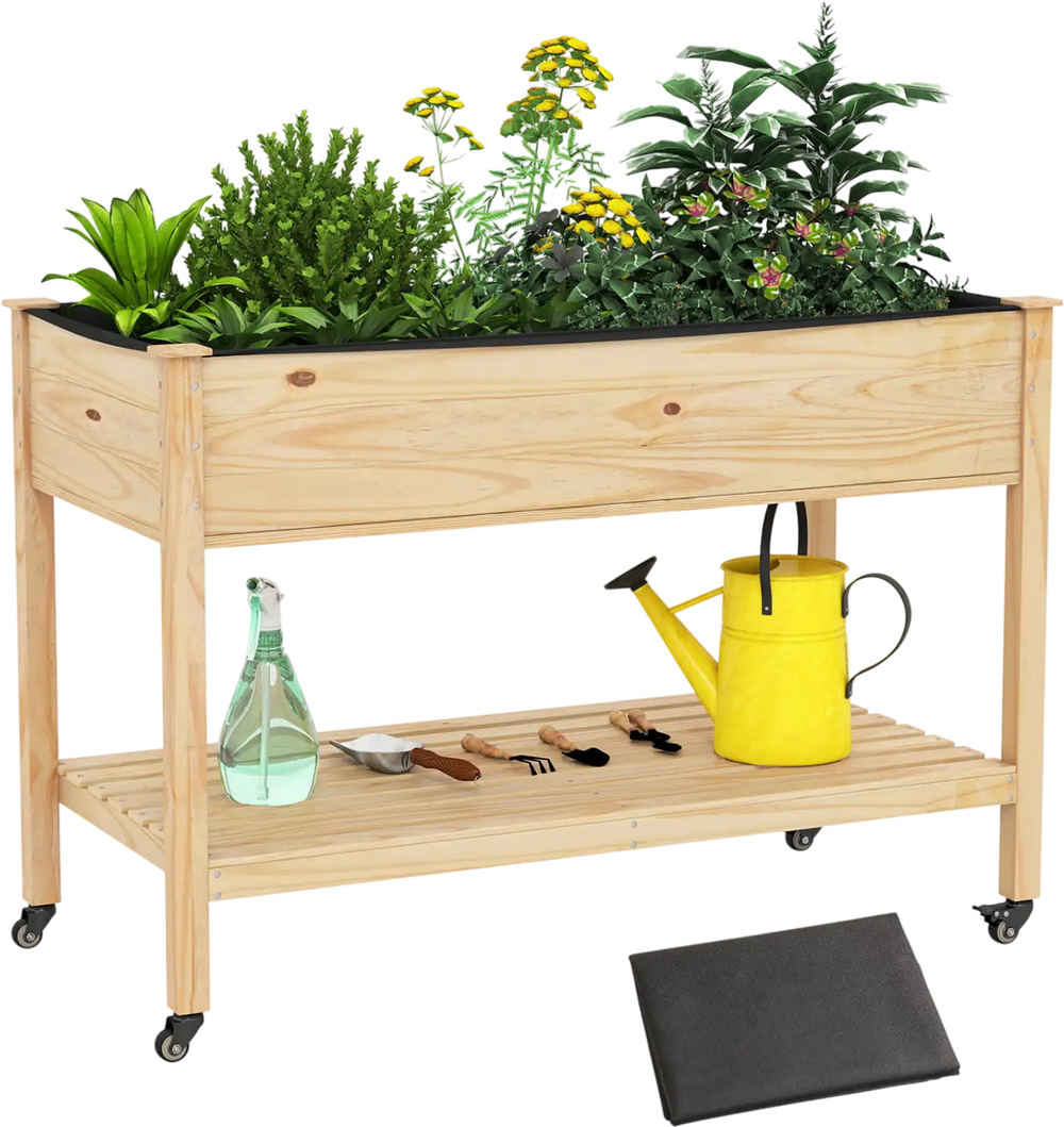 Wood Elevated Planter Bed with Lockable Wheels Shelf and Liner