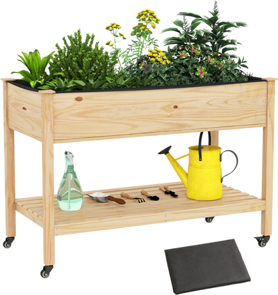 Costway Wood Elevated Planter Bed w/ Lockable Wheels Shelf Liner 83249167 New