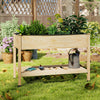 Wood elevated planter bed with lockable wheels, spacious design, and bottom shelf for gardening tools, ideal for patios.