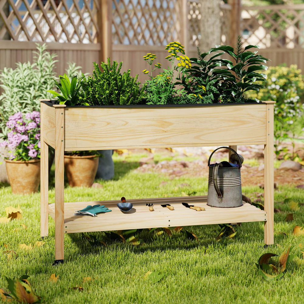 Wood elevated planter bed with lockable wheels, spacious design, and bottom shelf for gardening tools, ideal for patios.