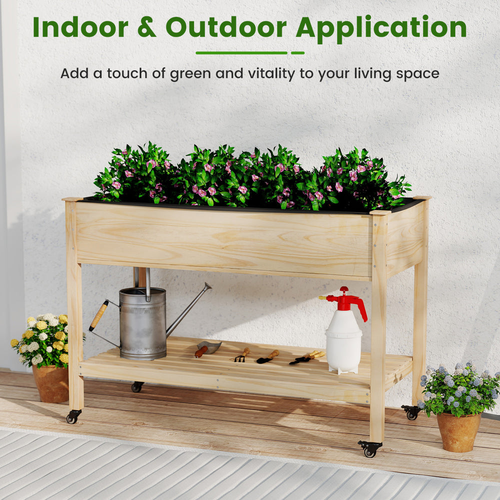 Wood elevated planter bed with lockable wheels, spacious box, and bottom shelf for gardening tools, ideal for indoor.