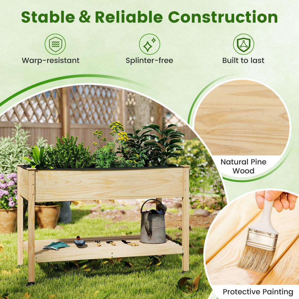 Wood elevated planter bed made of natural pine wood with lockable wheels, ideal for gardening on patios or balconies.