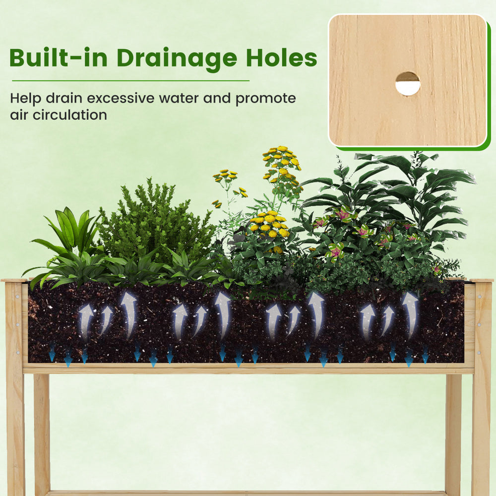 Wood elevated planter bed featuring built-in drainage holes for healthy root growth, ideal for garden or patio use.