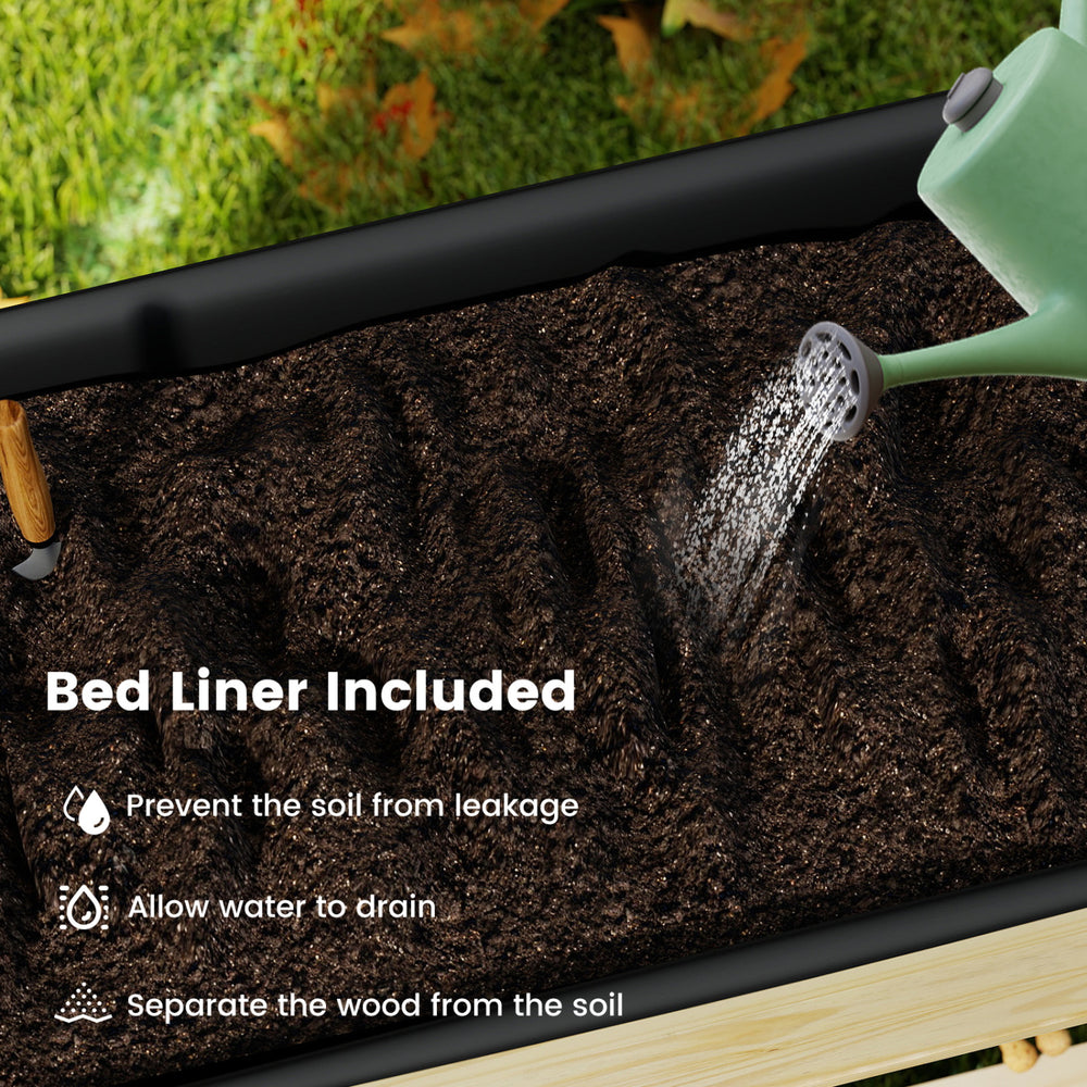 Wood elevated planter bed with included liner, promoting drainage and preventing soil leakage for healthy plant growth.