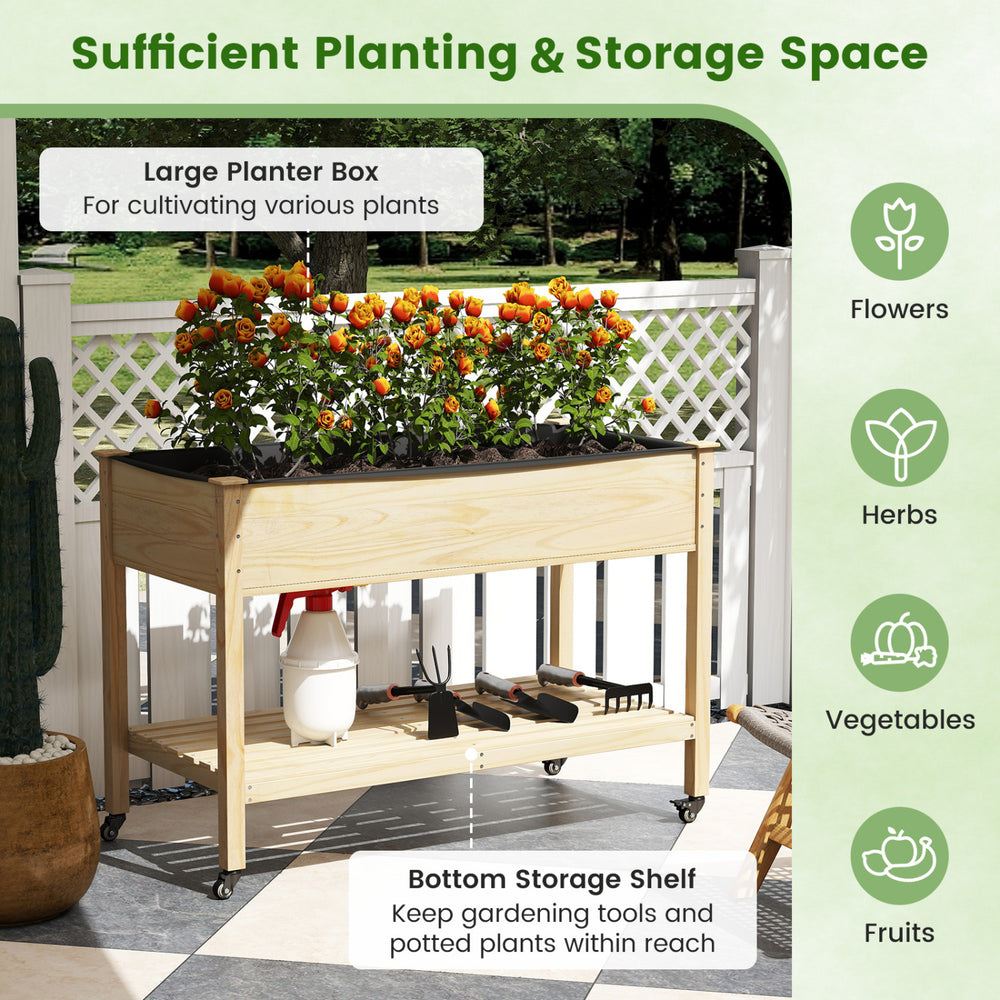 Wood elevated planter bed with lockable wheels, spacious planter box for flowers, herbs, and vegetables, ideal for.