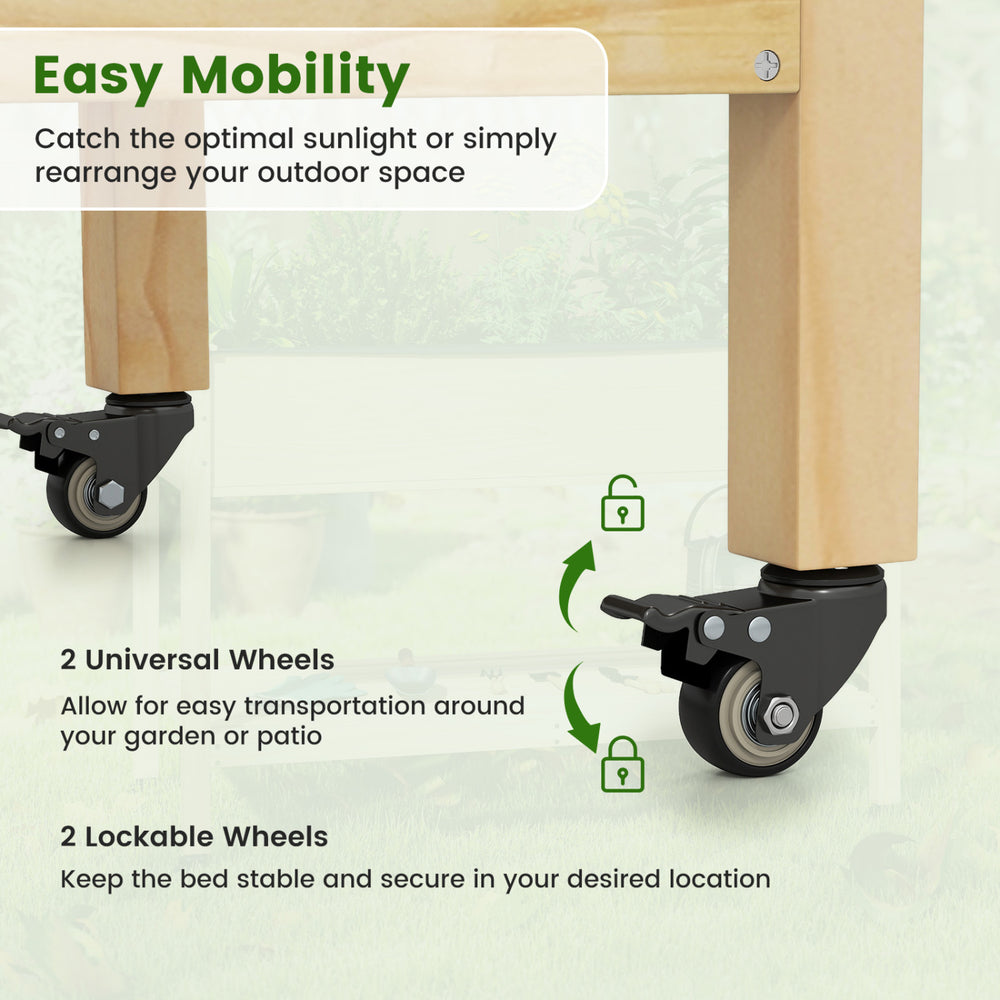 Wood elevated planter bed with lockable wheels for easy mobility and secure placement in gardens or patios.