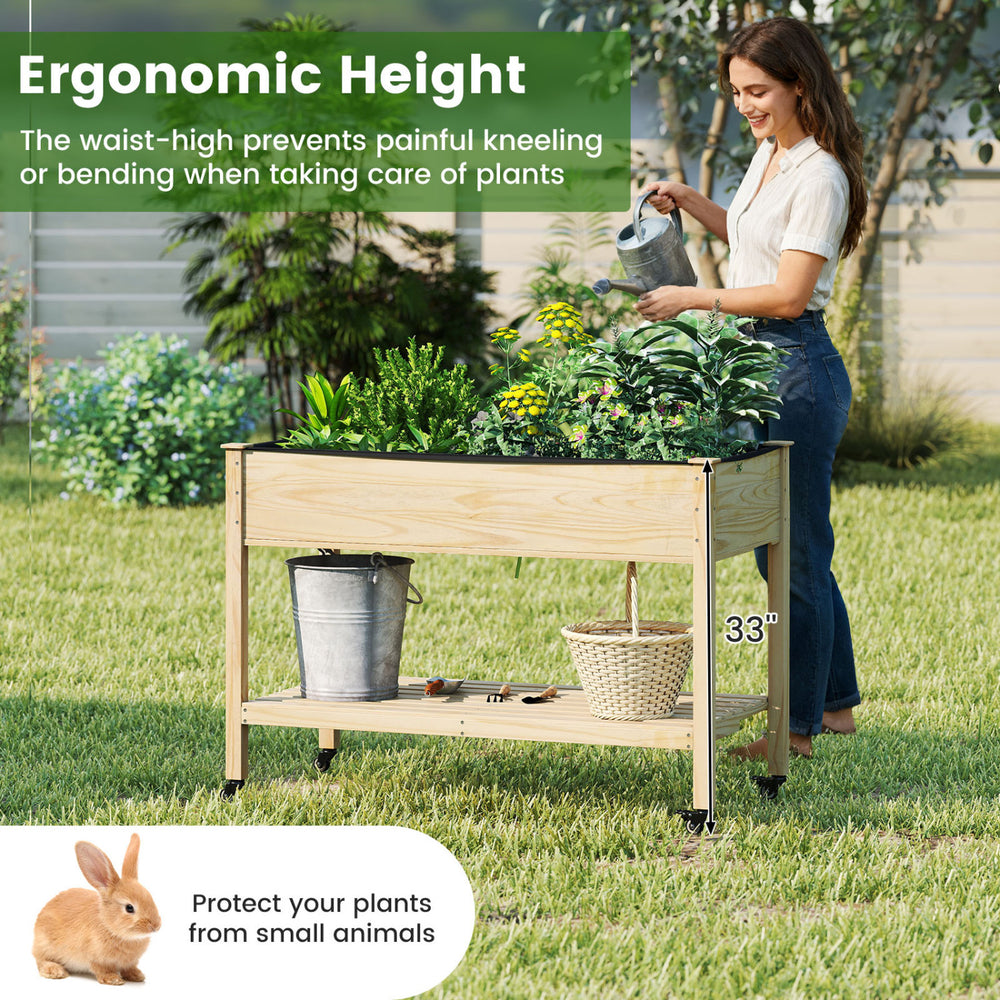 Wood elevated planter bed with lockable wheels, 33" ergonomic height, ideal for gardening on patios or balconies.