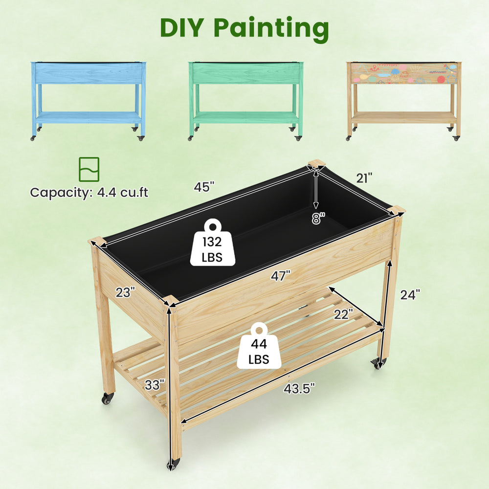 Wood elevated planter bed with lockable wheels, spacious box, and bottom shelf for gardening tools, ideal for patios.