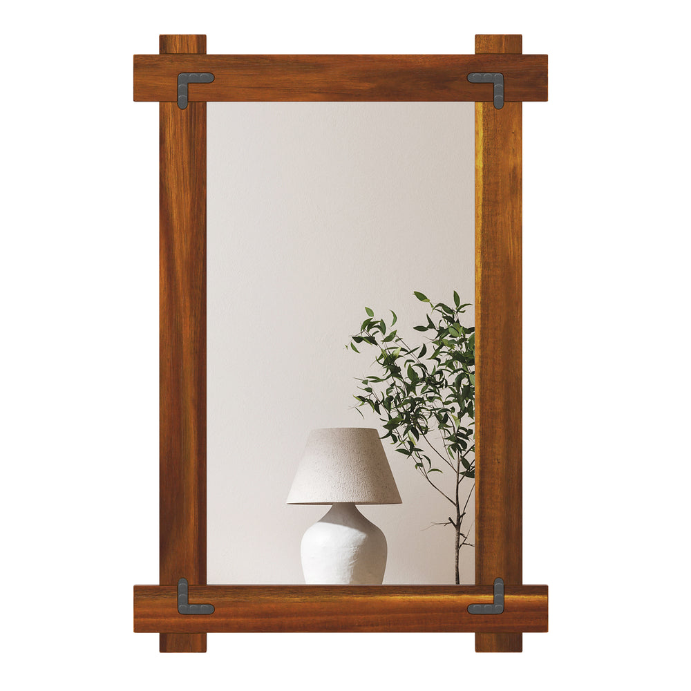 Wood framed mirror with acacia wood and vintage rivet design, perfect for enhancing rustic living spaces.