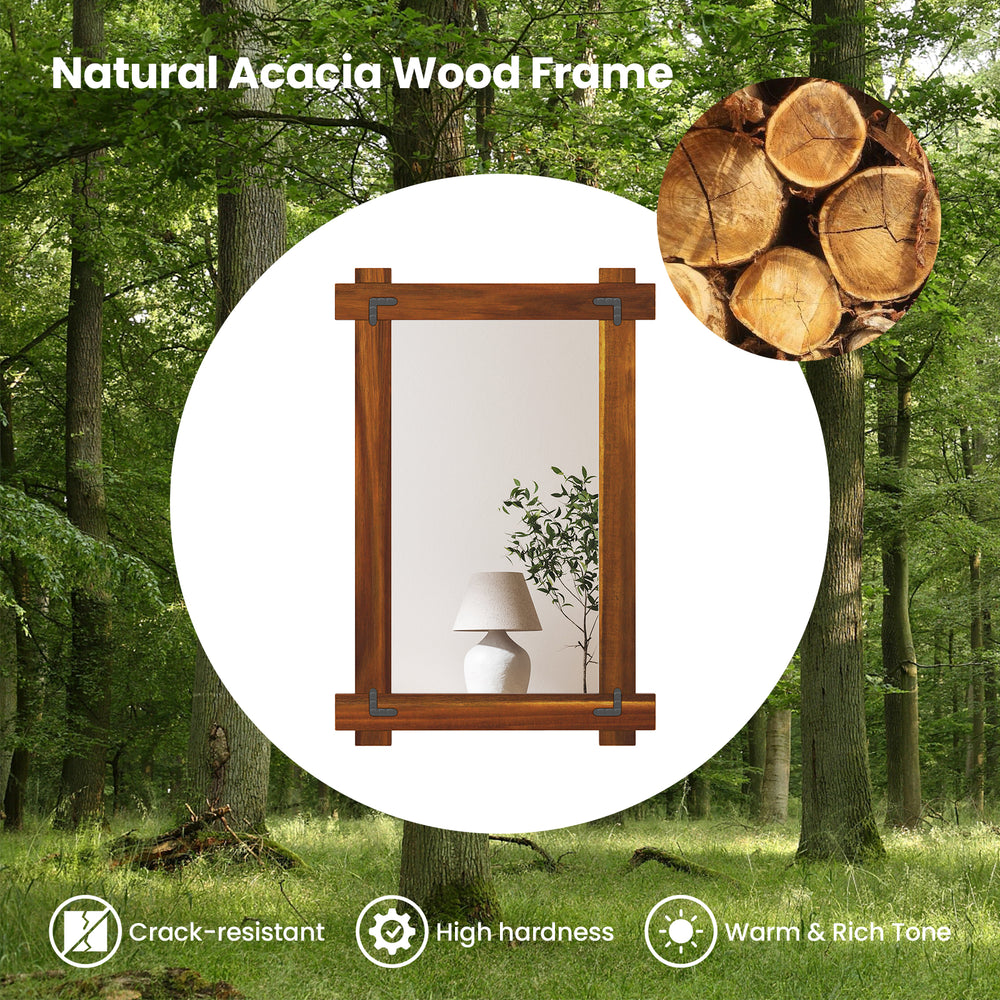 Wood framed mirror with natural acacia wood and vintage rivet design, ideal for enhancing rustic living spaces.