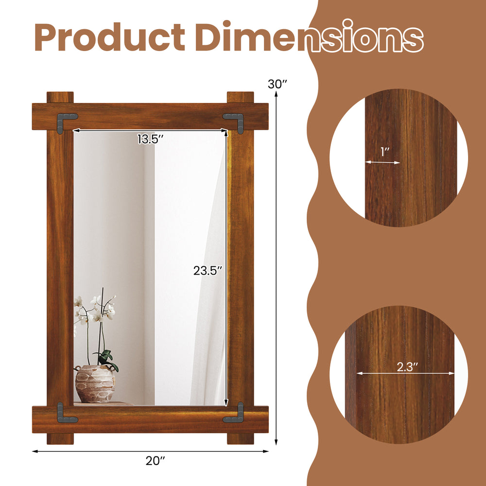 Wood framed mirror with acacia wood and vintage rivet design, measuring 20" x 30", ideal for enhancing rustic decor.