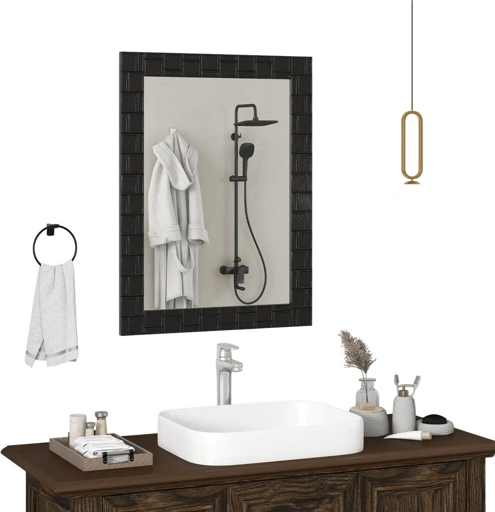 Rectangle wood framed wall mirror with a black square patterned frame, ideal for living room or bathroom decor.