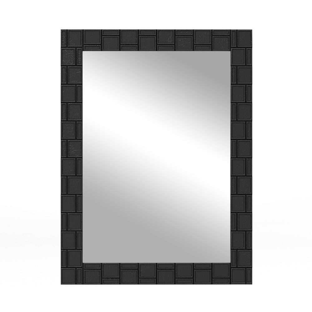 Rectangle black wood framed wall mirror with a square patterned frame, ideal for living room or entryway decor.