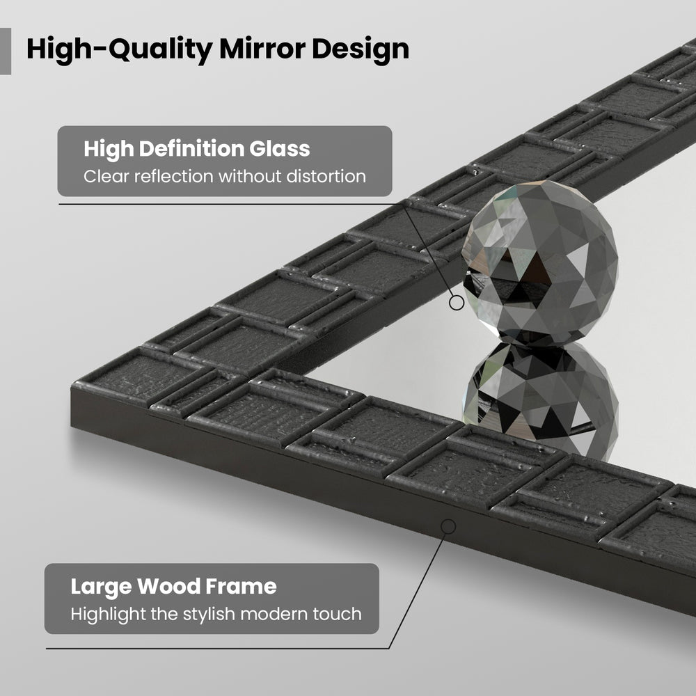 Rectangle wood framed wall mirror with a chic square patterned frame, 32" x 24", ideal for living room or entryway.