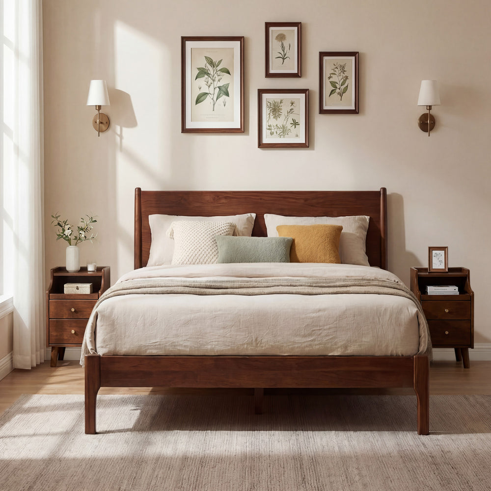 Wood nightstand set of 2 in brown with drawers and solid wood legs, placed beside a cozy bed in a stylish bedroom.