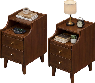 Costway Wood Nightstand Set of 2 w/ Drawers Solid Wood Legs 73914600 New
