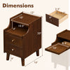 Wood nightstand with dimensions shown, featuring two drawers and solid wood legs in a rich brown finish.