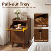 Wood nightstand with pull-out tray, cable management system, and two drawers in brown finish for bedside convenience.