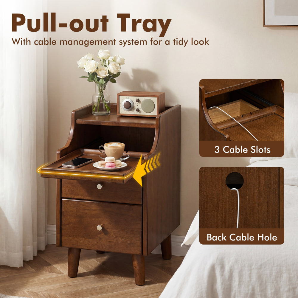 Wood nightstand with pull-out tray, cable management system, and two drawers in brown finish for bedside convenience.