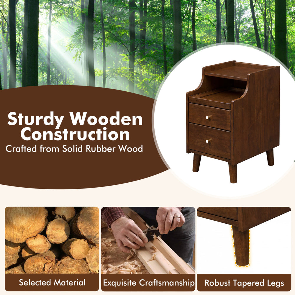 Brown wood nightstand set of 2 featuring solid rubber wood construction and robust tapered legs for bedroom storage.
