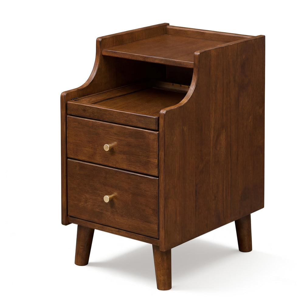 Wood nightstand in brown with two drawers and solid wood legs, perfect for bedroom storage and style.