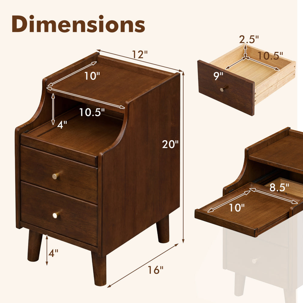 Wood nightstand with two drawers, solid wood legs, and dimensions displayed for bedroom use in brown finish.