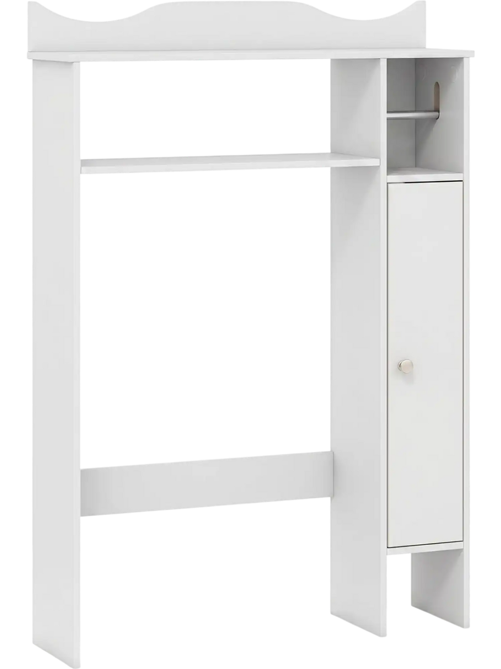 White wood over-the-toilet bathroom space saver with shelves, side cabinet, and toilet paper holder for efficient.