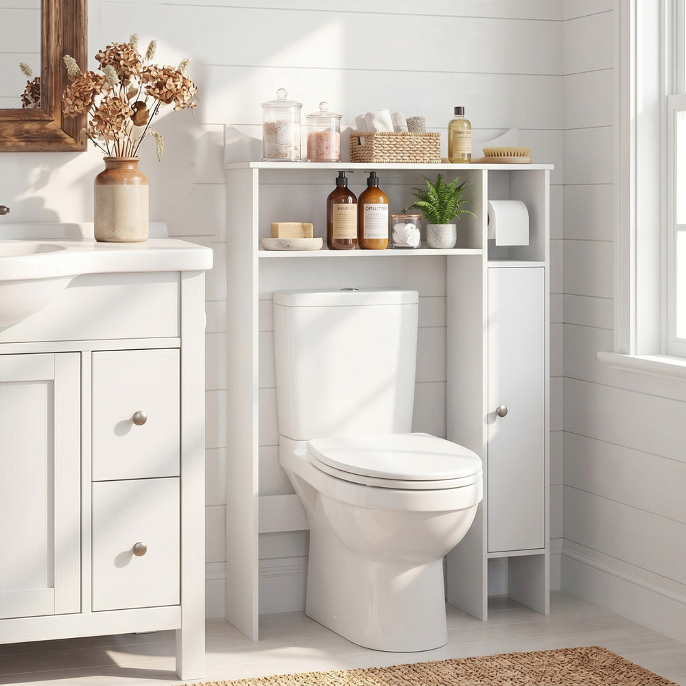 Wood over the toilet bathroom space saver in white with shelves and toilet paper holder for maximizing storage.
